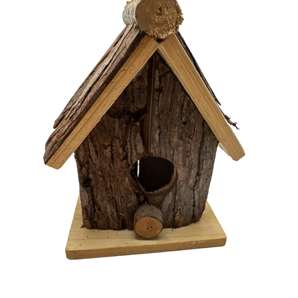 Rustic Farmhouse Cabin Wooden Bird House - Wood Bark Hanging Perch - Picture 6 of 6